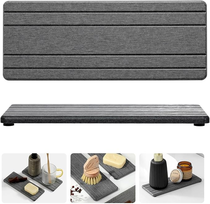 2PCS Diatomite Quick Stone Drying Tray Mat For Bathroom & Kitchen Counter, Instant Dry Water Absorbent Drink Bar Coaster,Vanity Sink Caddy Organizer,Dish Soap Sponge Holder, Dark Gray,9"x3.5"