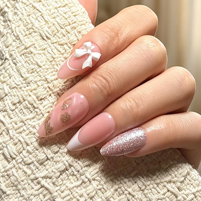 Press on Nails, 6 Packs (144 Pcs) Short Almond Sets, Cute 3D Bow French | 6-Style 12 Sizes, Glossy, Salon Quality, Reusable Full Cover, White Polka Dot Star Chrome Fake Nails