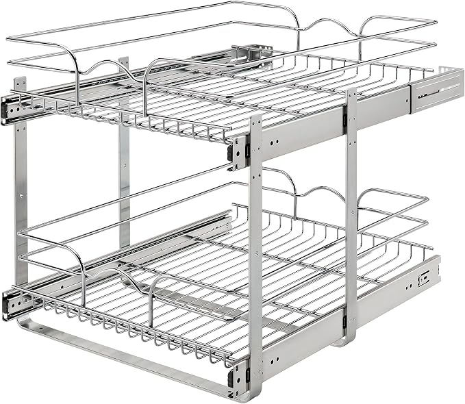 Rev-A-Shelf Pullout Organizer for Cabinets, Min Opening Width of 18" | STwo-Tier Steel Shelf for Kitchen or Vanity Cabinet Organization, Heavy Gauge Wire Slide Out Storage Basket, 5WB2-1822CR-1