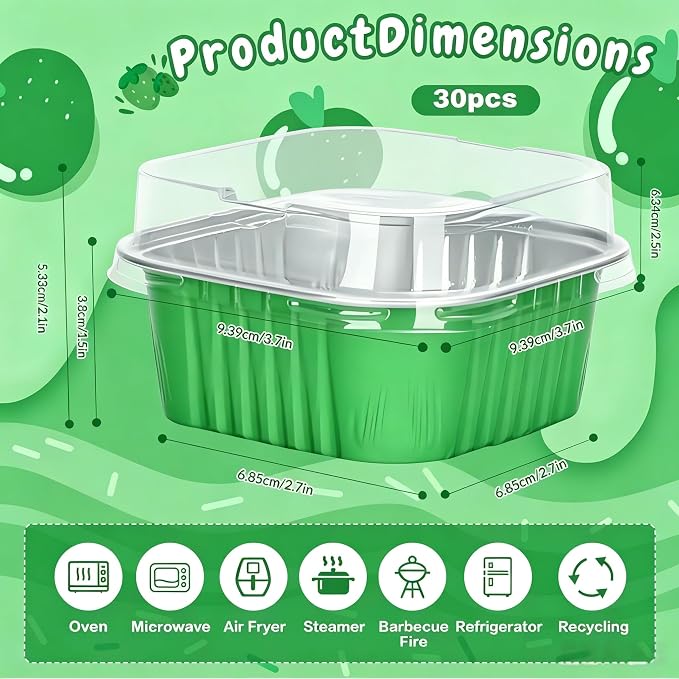 30Pack 5oz Green Mini Cake Pans with Lids Baking Cups Aluminum Foil Pans Tins, Individual Dessert Cups Containers for Sales,Party,Picnics