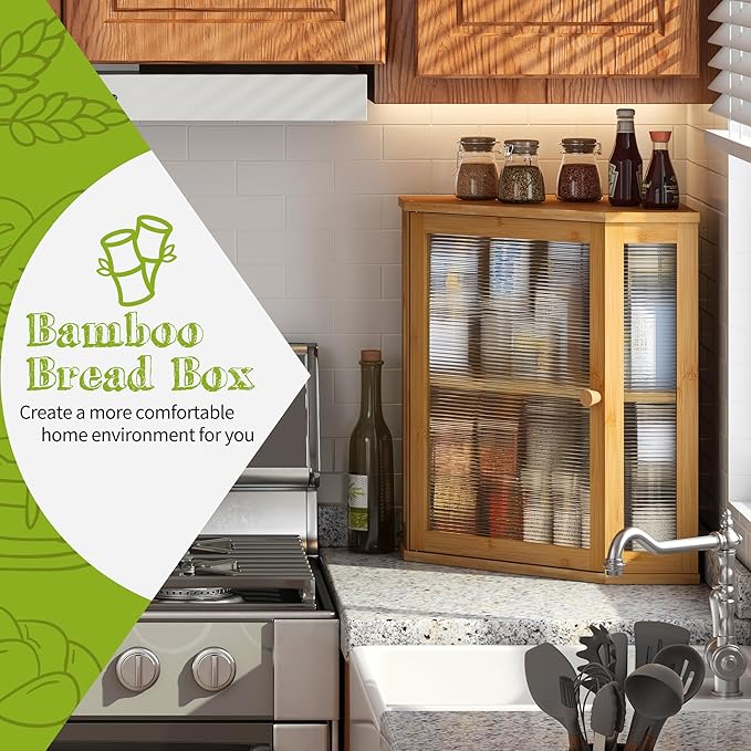 BMOSU Corner Bread Box for Kitchen Countertop Double Layer Bamboo Wooden Bread box Large Capacity Bread Storage Bin(Natural, Extra Large)