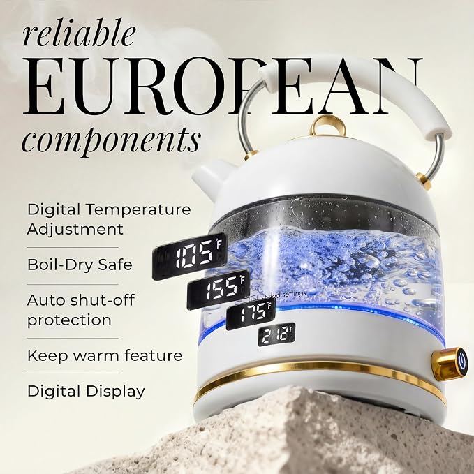 Styled Settings White Electric Kettle with Temperature Control | 1500W Fast Hot Water Boiler - White and Gold Electric Kettle with Keep Warm Function, BPA-Free Glass Body, Auto Shut-Off