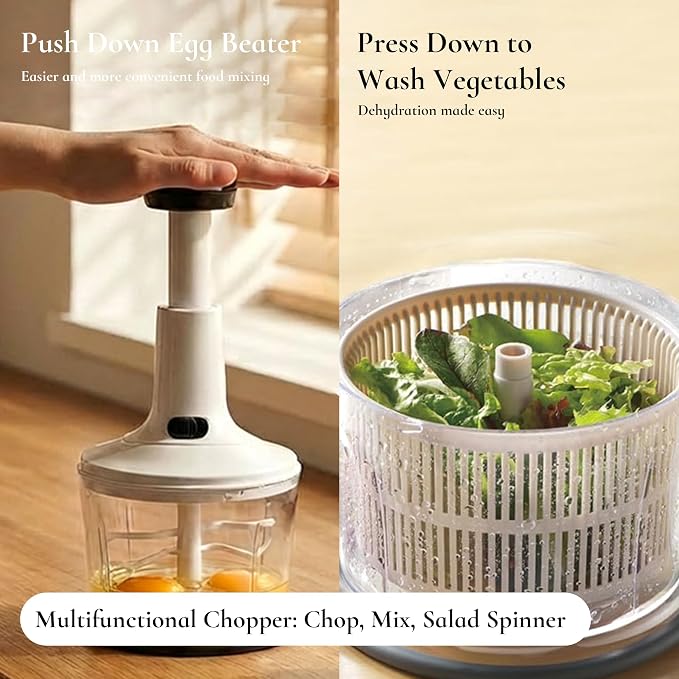 Manual Hand Push Food Chopper, Vegetable Dicer Mincer with Container, Egg Whisk & Salad Spinner for Salsa, Salad, Pesto, Hummus