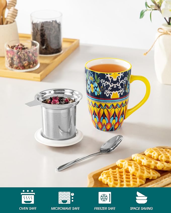 vancasso 18 Oz Tea Infuser Mug with Lid, Golden Lotus Mirage | Eye-Catching Bohemian Pattern, Adds Charm to Any Tea Corner, Ceramic Mug with Infuser, Microwave and Dishwasher Safe