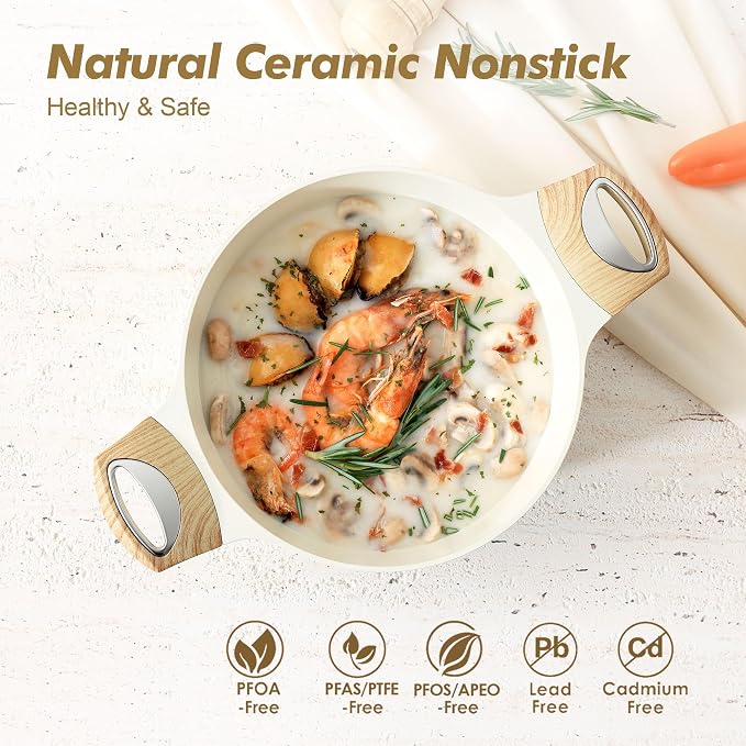 SENSARTE Ceramic Nonstick Stock Pot with Lid, 2.6+4.5 QT Soup Pot Set Casserole Pot, Non-toxic Healthy Pasta Pot, Large Cooking Pot Stew Pot, Induction Compatible, PFOA PFAS PTFE Free, White
