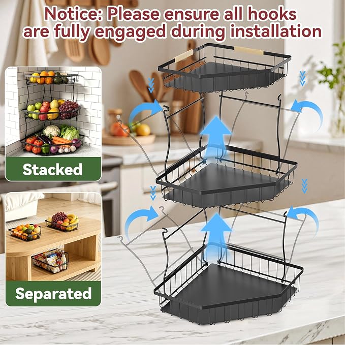 3 Tier Fruit Basket for Kitchen Counter with 2 Banana Hangers for Corner | Detachable Metal Fruit Bowl with Wooden Handle, Large Capacity Fruit Stand for Bread Fruit and Vegetable Storage-Black