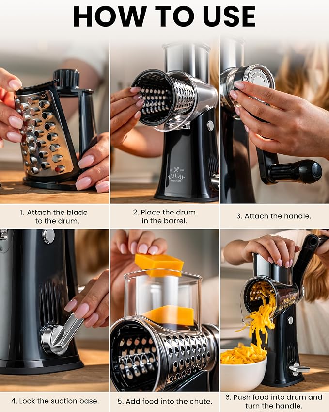 Zulay Kitchen Rotary Cheese Grater 5 Blade Cheese Shredder - Manual Hand Crank Cheese Grater With Reinforced Suction & 5 Interchangeable Drums - Easy to Use, Vegetable Chopper Round Mandoline Slicer
