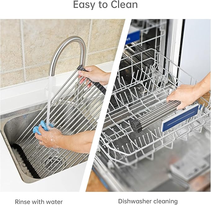 Large Telescopic Drain Rack Roll Up Rack Heat-Resistant Dish Drainer Kitchen Sink Rack Over the Sink Dish Drying Rack Stainless Steel Dish Rack (18 Tube 21.25''x12.79'')