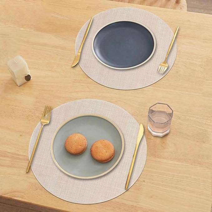 Beige Round Placemats Set of 4, 15 Inch Washable Easy to Clean Heat-Resistant Anti-Skid Beige Placemats for Holiday Party Kitchen Dining Room Decoration
