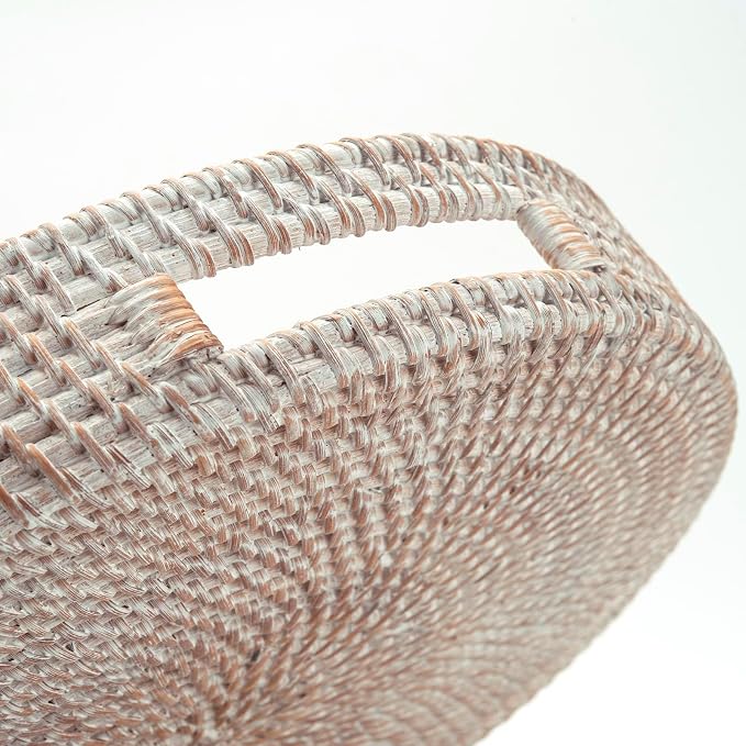 14" Round Rattan Tray, Hand Woven Serving Tray with Handles, Wicker Serving Basket, Decorative Tray for Home Decor, Whitewash