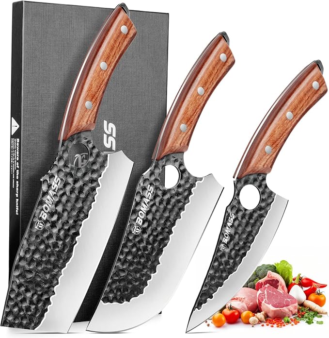 3PCS Butcher Knife Set, Hand Forged Kitchen Chef Knife Set Gift | Meat Cleaver Knife Viking Boning Knife for Home, Outdoor Camping BBQ High Carbon Steel Japanese Knives, Gift for Men Father