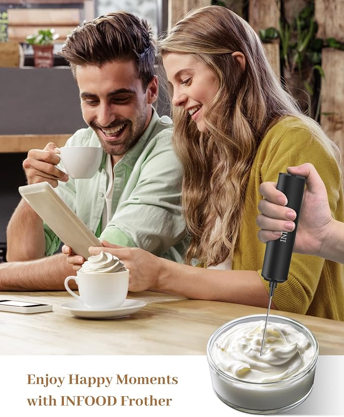 INFOOD Rechargeable Milk Frother with Cover, 2-Speed, 2 Whisks, Black | Stainless Steel Body and Whisks, 2 Detachable Heads, for Lattes, Cappuccinos, Hot Chocolate, and Egg