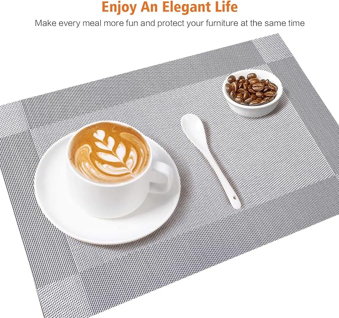 Silver Vinyl Placemats Set of 6,Washable Dining PVC Table Mats | Heat resistant, stain resistant non slip vinyl place mats, washable silver table placemats for dining table