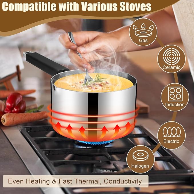 E-far 3 Quart Sauce Pan with Lid, Stainless Steel Tri-Ply All Clad Small Cooking Pot with Pour Spout, Multipurpose Induction Saucepan & Stay-Cool Handle, Compatible with All Cooktops, Dishwasher Safe