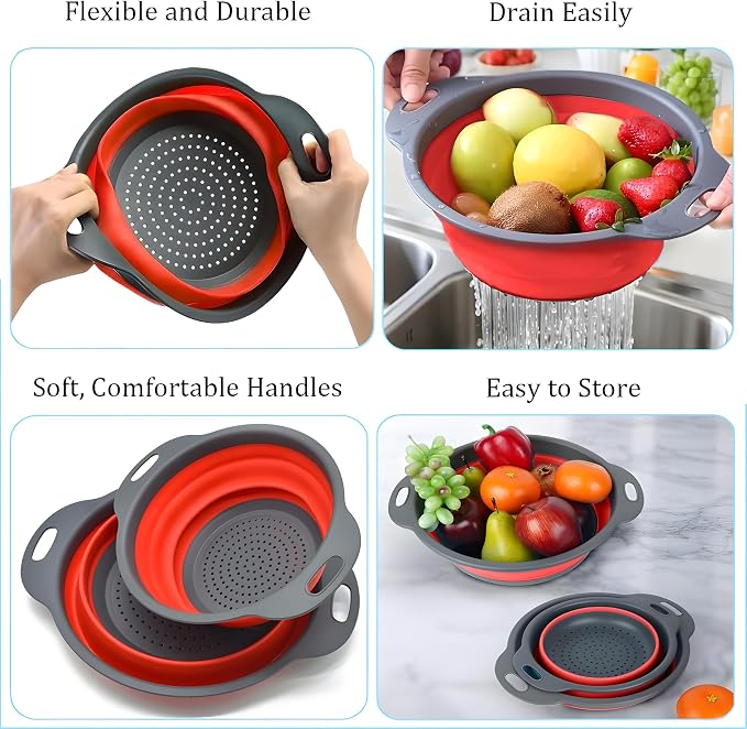 UVB Collapsible Colander Set, Foldable Kitchen Strainer for Pasta, Vegetables & Fruit, Complete Kitchen Set with 2 Stainless Steel Hooks & 2 Silicone Funnels – Red