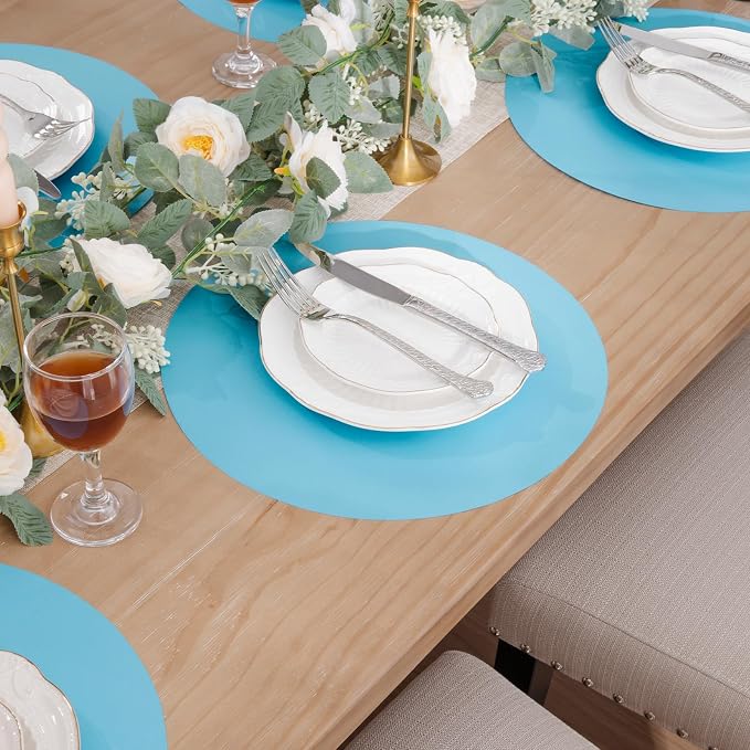 SHACOS 100 pcs Round Paper Placemats Disposable 13 inch Colored Paper Place Mats for Wedding Birthday Party Bridal Baby Shower Events Table Decoration, Sky Blue