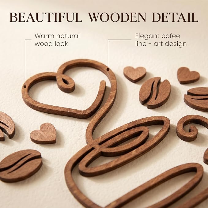 Vintage Coffee Line Art Signs, 3 Pc Wood Farmhouse Cafe Bar Decor | 3 wood pieces 7.8x5.7 in, 15 mini hearts, 10 coffee beans, 50 adhesive dots, kitchen and tabletop