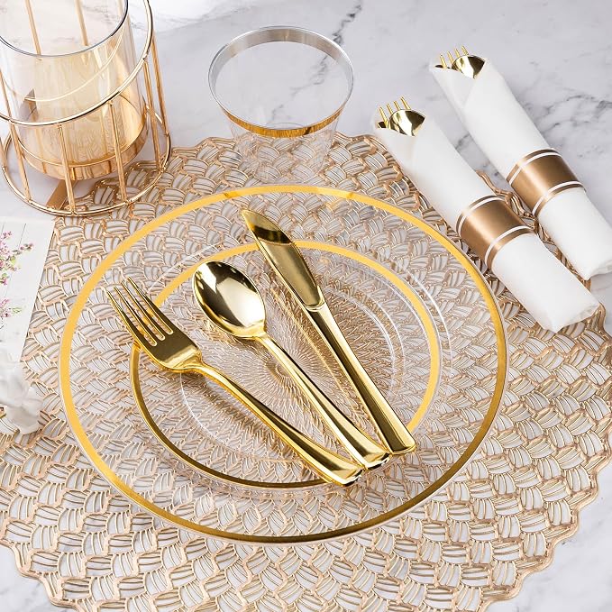 700 Piece Clear Gold Disposable Plastic Dinnerware Sets for Party | Plastic Silverware for 100, Include: 200 Plastic Plates, 100 Pre Rolled Napkins with Cutlery Sets, 100 Cups for Party