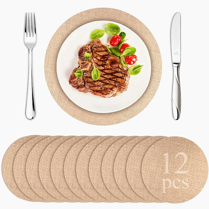 12 Pcs Round Burlap Placemats Bulk 11.8 Inch Reusable Jute Placemats, Rustic Round Charger Plates Bulk for Wedding Dinner Party Table Decorations