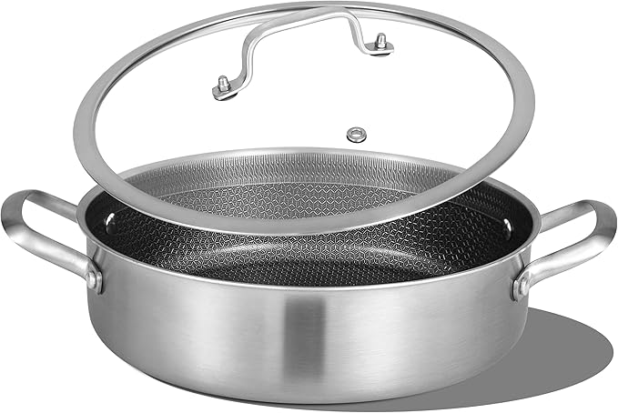 Inqibee 6 QT Saute Pan with Lid, 12 Inch Deep Frying Pan, Detachable Handle | Hybrid Ceramic Nonstick Cookware, Tri-Ply Stainless Steel Pan, Jumbo Cooker, Induction Cooking Pan, Dishwasher and Oven Safe