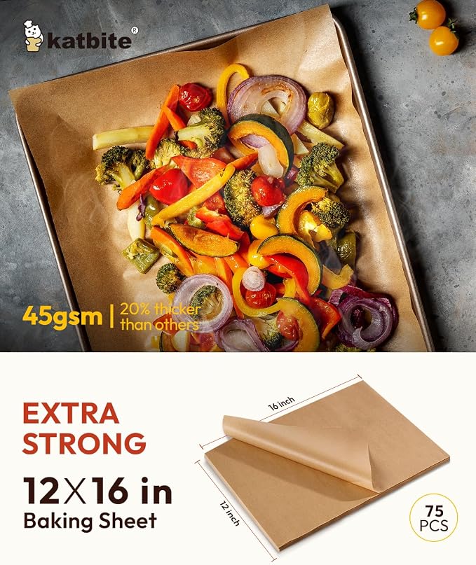 Katbite 75 Pcs Brown Parchment Paper Baking Sheets, 12x16 Inch, Heavy Duty | Unbleached precut Non-Stick half sheet paper, ideal for air fryers, baking cookies and lining cookie pans