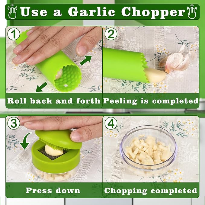 Garlic Press Stainless Steel, Garlic Mincer Tool with Storage Container, Garlic Chopper with Peeler Skin and Cleaning Brush