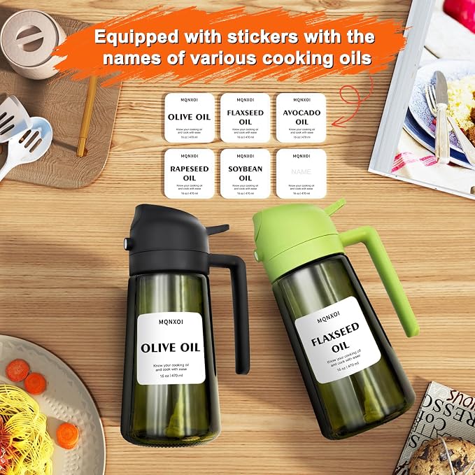 Olive Oil Sprayer for Cooking, 16oz Glass 2 in 1 Oil Dispenser Bottle | Light Blocking, BPA-Free Food Grade, Fine Mist Precise Control, Air Fryer BBQ Salad, Leakproof Anti-Clog, Pre-Printed Labels