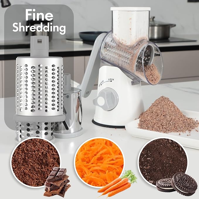 Rotary Cheese Grater with Handle, Kitchen Speed Hand Crank Vegetable Slicer, Potato Hash Brown Shredder Spinning Nut Grinder with 3 Replaceable Stainless Steel Drum Blades (White)