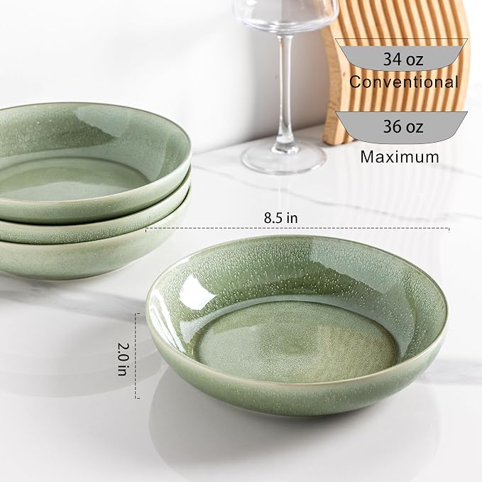 AmorArc 8.5’’ Ceramic Pasta Bowls Set of 4, 36oz Large Stoneware Bowls Set | Large Dinner Serving Bowls Set, Wide Bowl Plate for Pasta,Salad, Soup, Microwave Safe, Reactive Glaze-Olive Green
