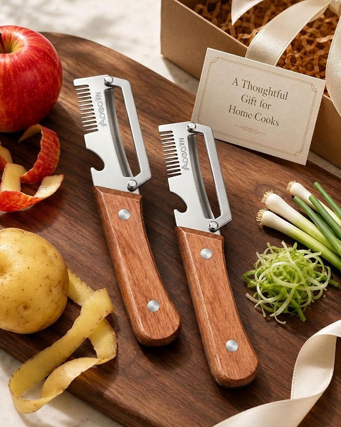 2 Pack Multifunctional Vegetable Peeler, 3-in-1 Peeler For Kitchen with Bottle Opener, Stainless Steel Peelers with Wooden Handle, Ergonomic Handheld Peeler for Peeling Vegetable, Fruit, Scallion