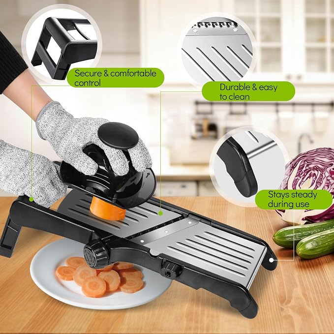 Mandoline Slicer for Kitchen, Adjustable Stainless Steel Food Slicer | Vegetable Chopper Onion Waffle French Fry Cutter Potato Chip Julienne Slicer with Safety Gloves & Cleanning Brush