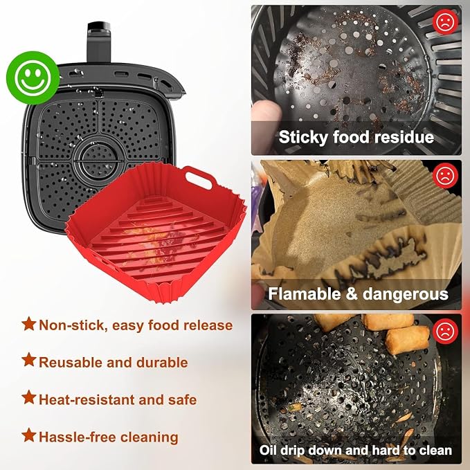 Large Silicone Air Fryer Liners Square 5-9 QT, 7.9 Inch Reusable Airfryer Liners Air Fryer Silicone Liners Pot Oven Liner Baking Tray, AirFryer Basket Mat Bowl Accessories, 2 Pack