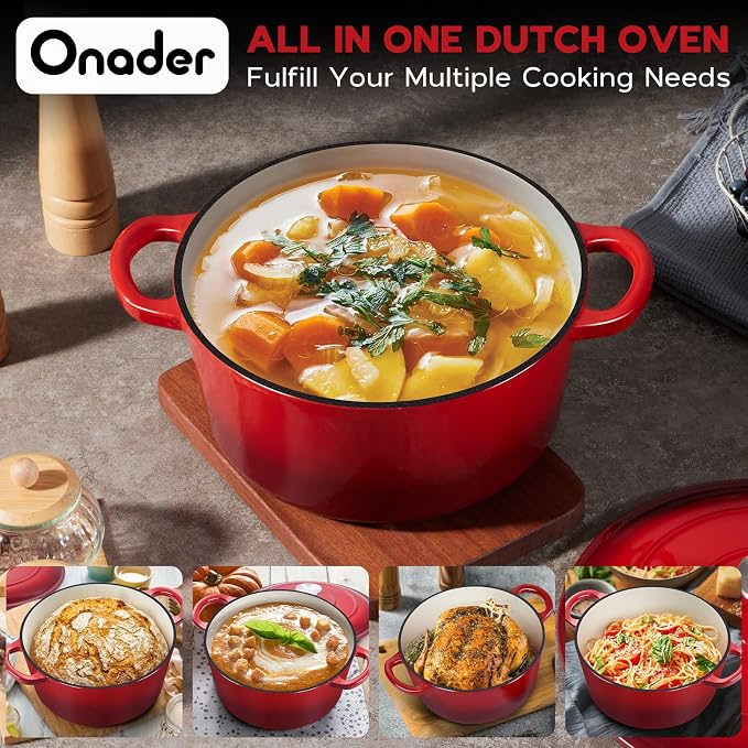 3QT Dutch Oven Pot with Lid, Onader Enameled Cast Iron Small Dutch Oven for Bread Sourdough Baking, Heavy Duty - Red