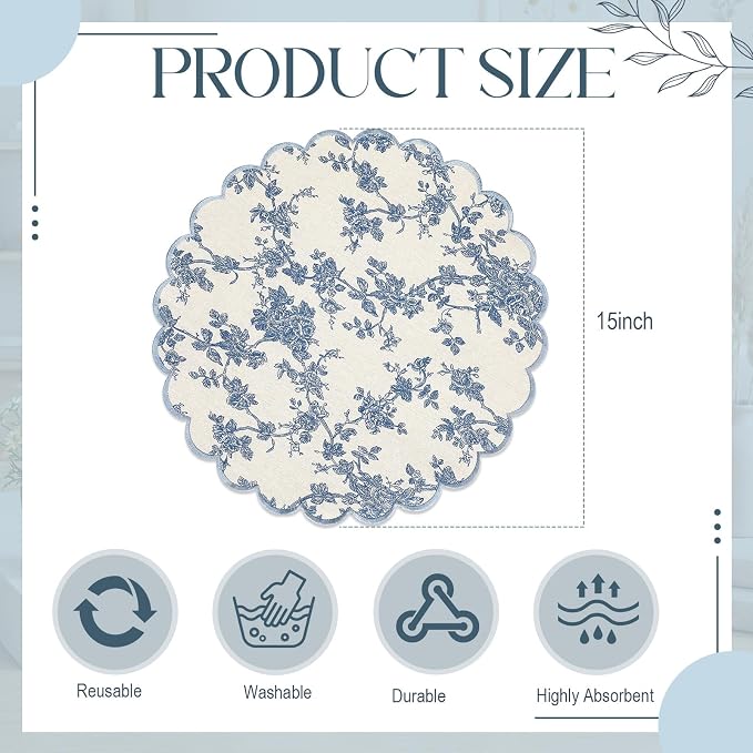 Set of 6 Blue Cotton Placemats 15" Round Scalloped Navy Blue | Double Layered Cotton Fabric, Washable Embroidery, Navy Blue Edge Edge, Rustic Table Mats for Wedding Dining Table Decor