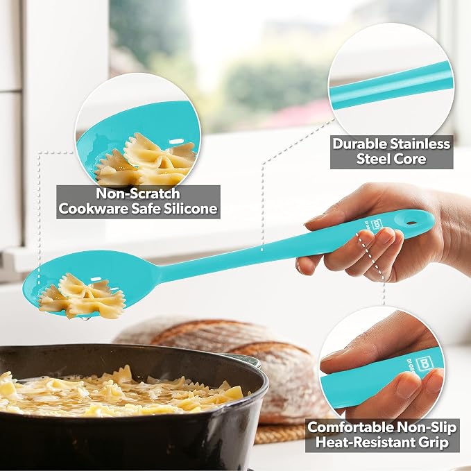 DI ORO Silicone Cooking Spoons - Solid & Slotted Set, 2-Pc Teal | Large heads for mixing, serving, and stirring; Heat-resistant to 600F for nonstick cookware; BPA-free and dishwasher safe