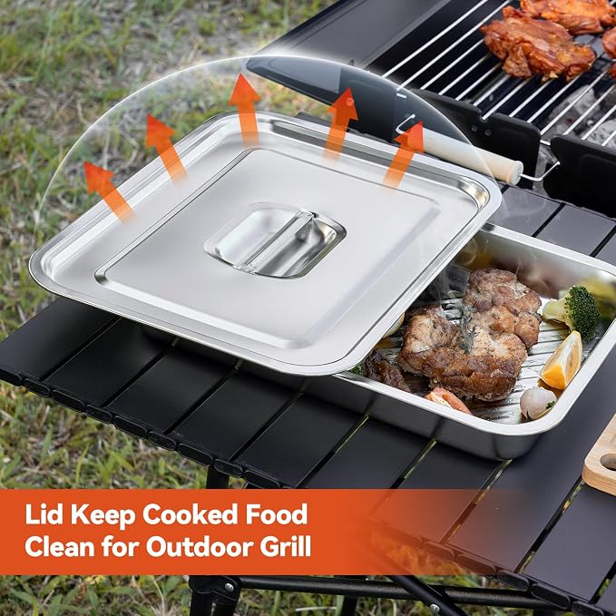 5-in-1 Grill Food Prep BBQ Meat Tray Container and Carry System Accessories | Outdoor Grilling Storage Serving Tray Platter, Stainless Steel Metal Large Meat Marinating Container with Lid Cutting Board