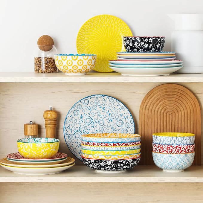 vancasso 8.5" Pasta Bowls Set of 6, 40 oz Porcelain Shallow Salad Bowls, Serving Bowls Large Kitchen Bowl Plates Pasta Dishes Plates, Colorful Floral Design, Microwave Safe, Series SELENE