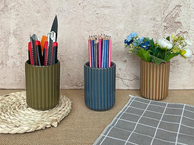 TOPYOKK Stoneware Coffee Bar Utensil Holder Tea & Coffee Spoon & Stirrer Holder for Stir Stick Straw Teaspoon Holder Espresso Spoon Cup Small Utensil Jar Fluted Vertical Stripe (Navy Blue)