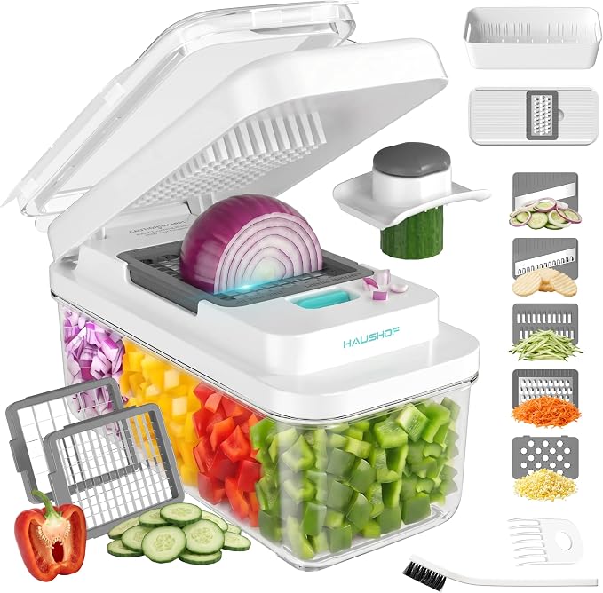 HAUSHOF 9-in-1 Vegetable Chopper & Mandoline Slicer, 7 Blades, Drain Basket | Food and Veggie Chopper and Dicer, Grater, Kitchen Prep Tool with Container, Safety Holder, Interchangeable Blades