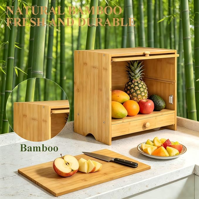 2 Tier Bread Box with Slicer and Cutting Board Extra Large | Bread Storage, Keep Bread Fresh, Bamboo, Large Capacity, Space-Saving, Acrylic Window, for Homemade Bread, Kitchen Storage
