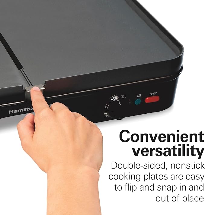 Hamilton Beach 3-in-1 Electric Indoor Grill + Electric Griddle | 180 sq. in. Reversible PFAS-Free Non-Stick Plates | 2 Individual Cooking Zones With Adjustable 425°F Temp Control | Black