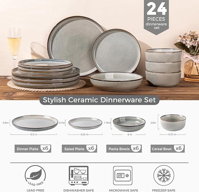 GBHOME Dinnerware Sets for 6, 24 Pieces Ceramic Plates and Bowls Set | Scratch Resistant Stoneware Dishes Set, Dishwasher & Microwave Safe, Reactive Glaze-Green Wheat