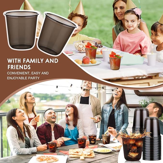 KesaPlan 50Pcs 12oz Black Plastic Party Cups, Disposable Wine Cocktail Cups | Cute Crystal Wine Stemless Glasses, Round Bottom PET Cold Drink Cups for Halloween Graduation Wedding Birthday Meeting Party