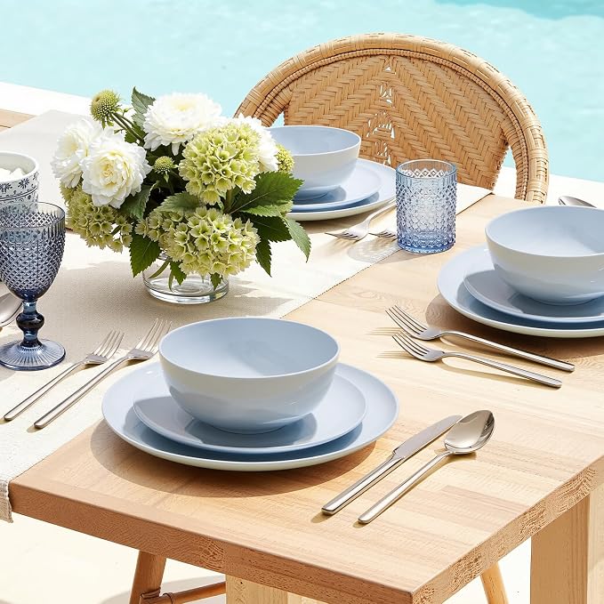 18-Piece Bone China Dinnerware Set for 6, Misty Blue | Lightweight Porcelain | Round Plates & Bowls | Scratch Resistant | Durable Ceramic | Microwave & Dishwasher Safe