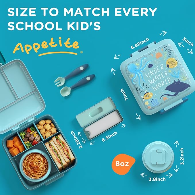 JXXM Bento Lunch Box for Kids with 8oz Soup Thermo,Leak-Proof Lunch Containers with 5 Compartment,Thermo Food Jar Food Containers for School (Blue-Octopus)