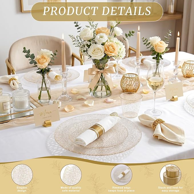 Rubtlamp 700Pcs Gold Glitter Plastic Dinnerware Set, Hammered Clear Plates, Fancy Plastic Plates Include 100 Dinner Platos, 100 Salad Platos, 100 Cups,100 Pack Pre Rolled Glitter plastic Silverware