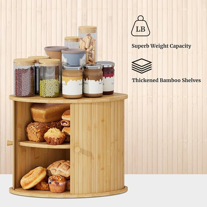 Corner Bread Box for Kitchen Countertop, Solid Bamboo Wood Bread Box, Two Layer Wooden Bread Storage Capacity