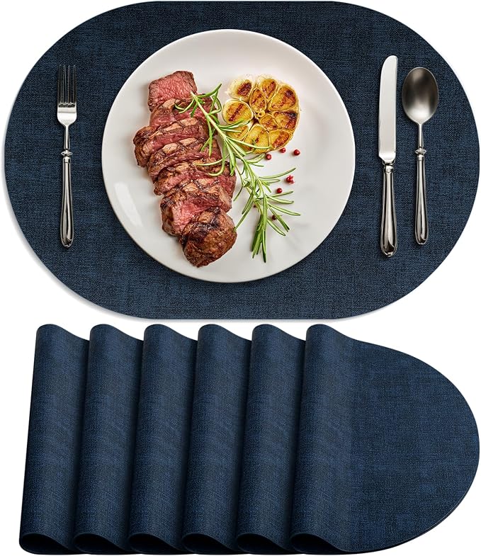 Placemats Set of 6-17" x 11.8" Waterproof & Heat Resistant Oval Place Mats, Wipeable Washable Double Layer Faux Leather Table Mats, Dark Blue