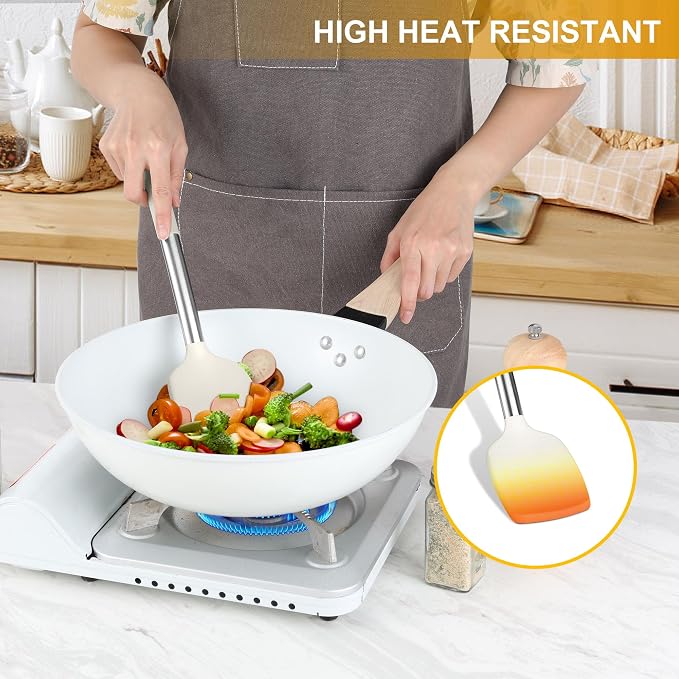 LIANYU 15 Pcs Cooking Kitchen Utensils Set with Stainless Steel Handle | Silicone Kitchen Gadgets with Holder, Heat Resistant Spatula Tools, Brush Spoon Tong Whisk Ladle Turner for Cookware, White