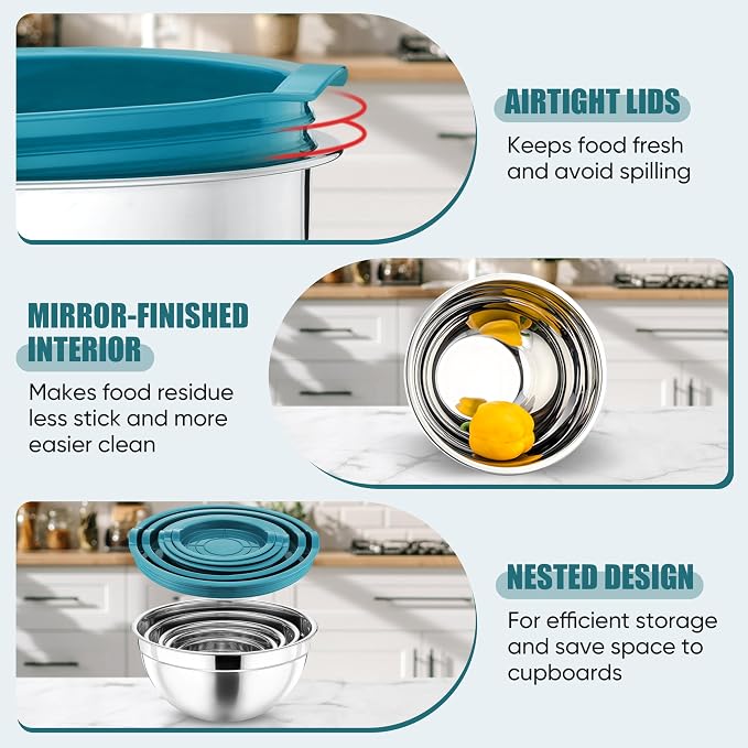 P&P CHEF Metal Mixing Bowls with Lids Set, Airtight Lids & Blue | 5 PCS Stainless Steel Mixing Nesting Bowls for Kitchen Prepping, Storing, Healthy & Easy Clean, Size 4.6, 3, 1.5, 1, 0.7 QT